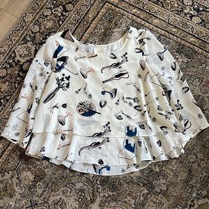 Anthropologie Maeve Silk Popover Shirt Layered Umbrella Pattern Top 3/4 Sleeve 6